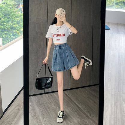 Casual Streetwear Oversized Denim Shorts Women M-5XL 6XL Large Size Short Femme Elastic Waist Loose Wide Leg Jeans Skirt Shorts