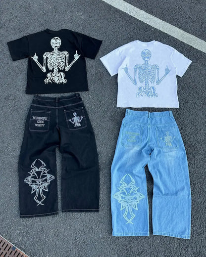 Jeans Y2k Retro Skull Embroidery Pattern Men Women Loose Jeans New Harajuku Hip Hop Straight Casual Loose  Pants for Streetwear