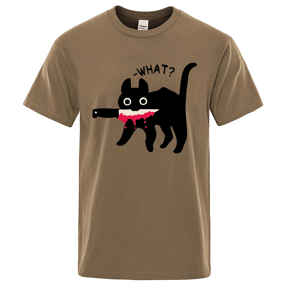 The Killer Cat With A Knife In Its Mouth Tshirts Men Women Summer Cotton Half Sleeve Oversized Loose Cotton Street Tee Shirt