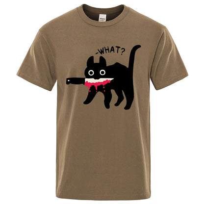 The Killer Cat With A Knife In Its Mouth Tshirts Men Women Summer Cotton Half Sleeve Oversized Loose Cotton Street Tee Shirt