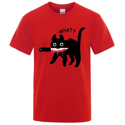 The Killer Cat With A Knife In Its Mouth Tshirts Men Women Summer Cotton Half Sleeve Oversized Loose Cotton Street Tee Shirt