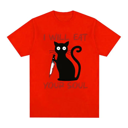 I Will Eat Your Soul Black Cat Horror Blood with Knife Funny Meme T Shirt Men Women Retro Harajuku Oversized Cotton Tshirts Tops