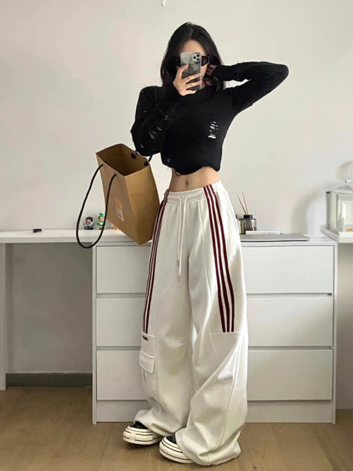 MEXZT Oversized Striped Sweatpants Women Y2K Streetwear Cargo Pants Harajuku Wide Leg Joggers High Waist Baggy Sports Trousers