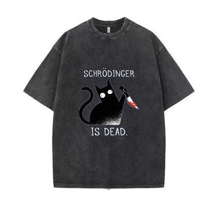 Schrodinger is dead Black Cat Fashion Wash Cotton T shirt Men's High Quality T-shirt Oversized T-shirt Short Sleeve Street Top