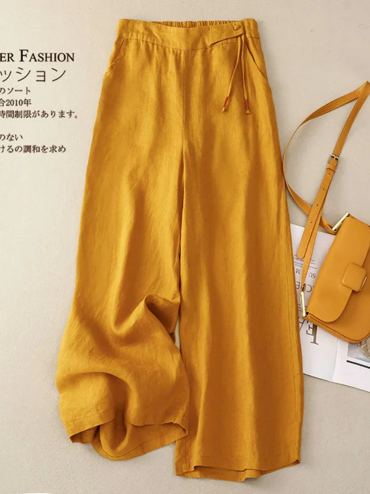 Retro Artistic Summer Wide Leg Pants Women Elastic High Waist Cotton and Linen Casual Pants Loose Straight Yellow Women's Pants