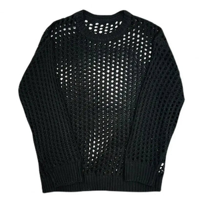 Mesh Fishnet Men Hollow Top Solid Color Round Neck Loose Long Sleeve Men T-shirt Hip Hop See-through Elastic Pullover Party Top