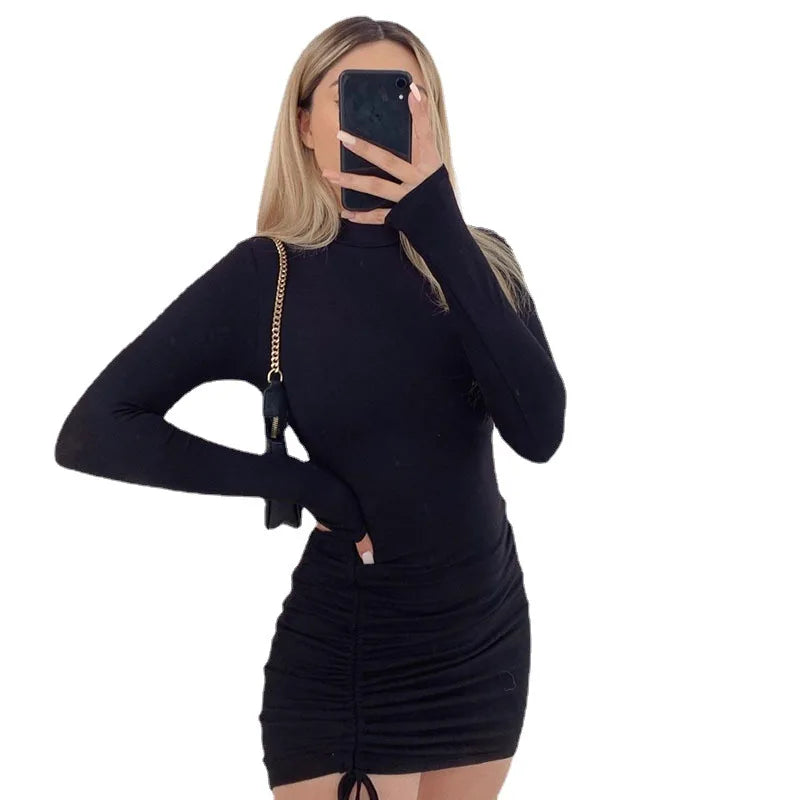 Women Black Bodycon Sexy Club Ruched Drawstring Mini Dresses Female Long Sleeve Slim Fit Party Short Vestidos 2024