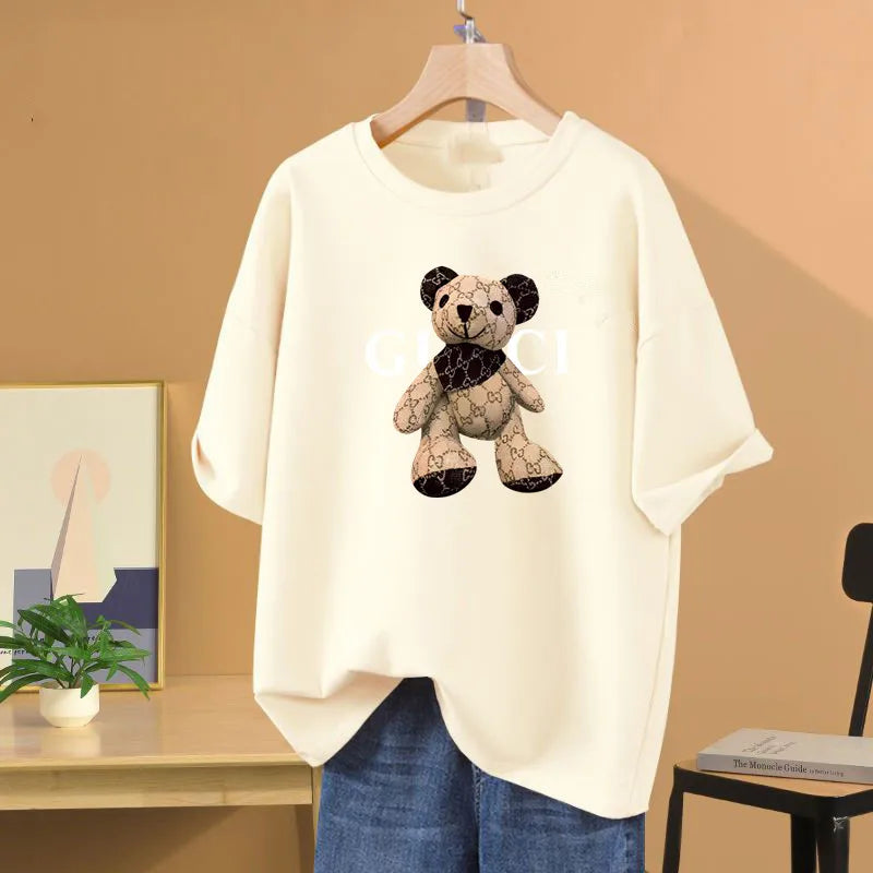 Women Fashion Cartoon Printed O-neck Pullover, Vintage Chic Short Sleeve Top Tee, Summer Loose Casual Pure Cotton Basics T-shirt