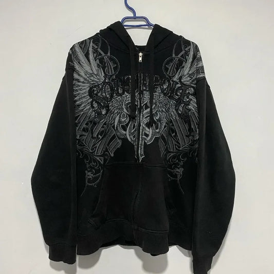 Street hip-hop popular clothing oversized skull print sports hoodie men's Y2K retro casual gothic grunge sports zipper jacket