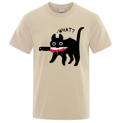 The Killer Cat With A Knife In Its Mouth Tshirts Men Women Summer Cotton Half Sleeve Oversized Loose Cotton Street Tee Shirt