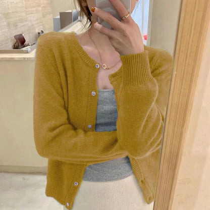 Korean Round Neck Knitted Cardigan Women Autumn Winter Simple Single Breasted Sweaters Woman Solid Color Long Sleeve Cardigans