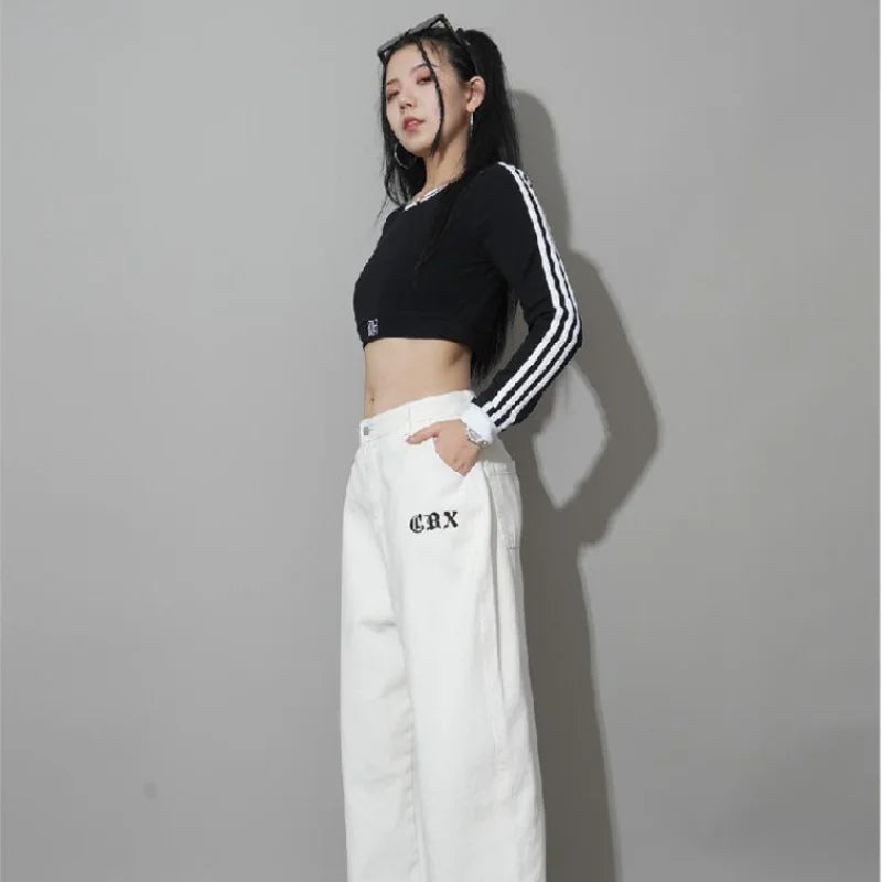 Hikigawa Chic Fashion Women Y2k Long Sleeve T-Shirt Jazz Sports Cropped Striped Contrast Color Slim Streetwear Casual Top Mujer