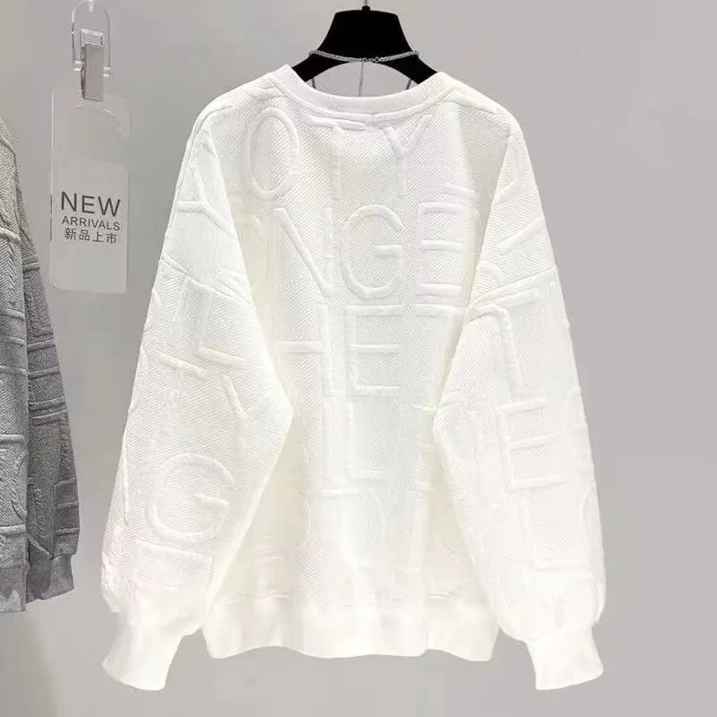 Women Autumn Chic Loose O-Neck Letter Sweat Loose Solid Casual All-Match Lantern Sleeve Top Youth Vitality Sport Sweet Pullover