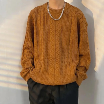 New Men's Sweater Loose-Fit Round Neck Casual Knitted Top Trendy Brand Autumn Winter Vintage Hong Kong Style Cozy Pullover