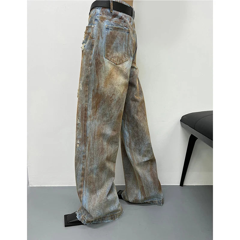 American Vintage Hip-hop High Waist Print Jeans Pants Women's Casual Baggy Y2K Wide Leg Grunge Streetwear Style Denim Trouser