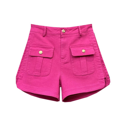 Rose Red High Waist denim Shorts 2023 Summer Fashion Split Thin Button All-Match A-line Wide-Leg Cargo Pants Femal Solid Jeans