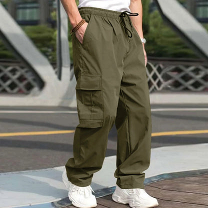 Casual Streetwear Pants Solid Color Cargo Pants Drawstring Design Multi Pocket Loose Baggy Pants for Men's Workwear Trousers