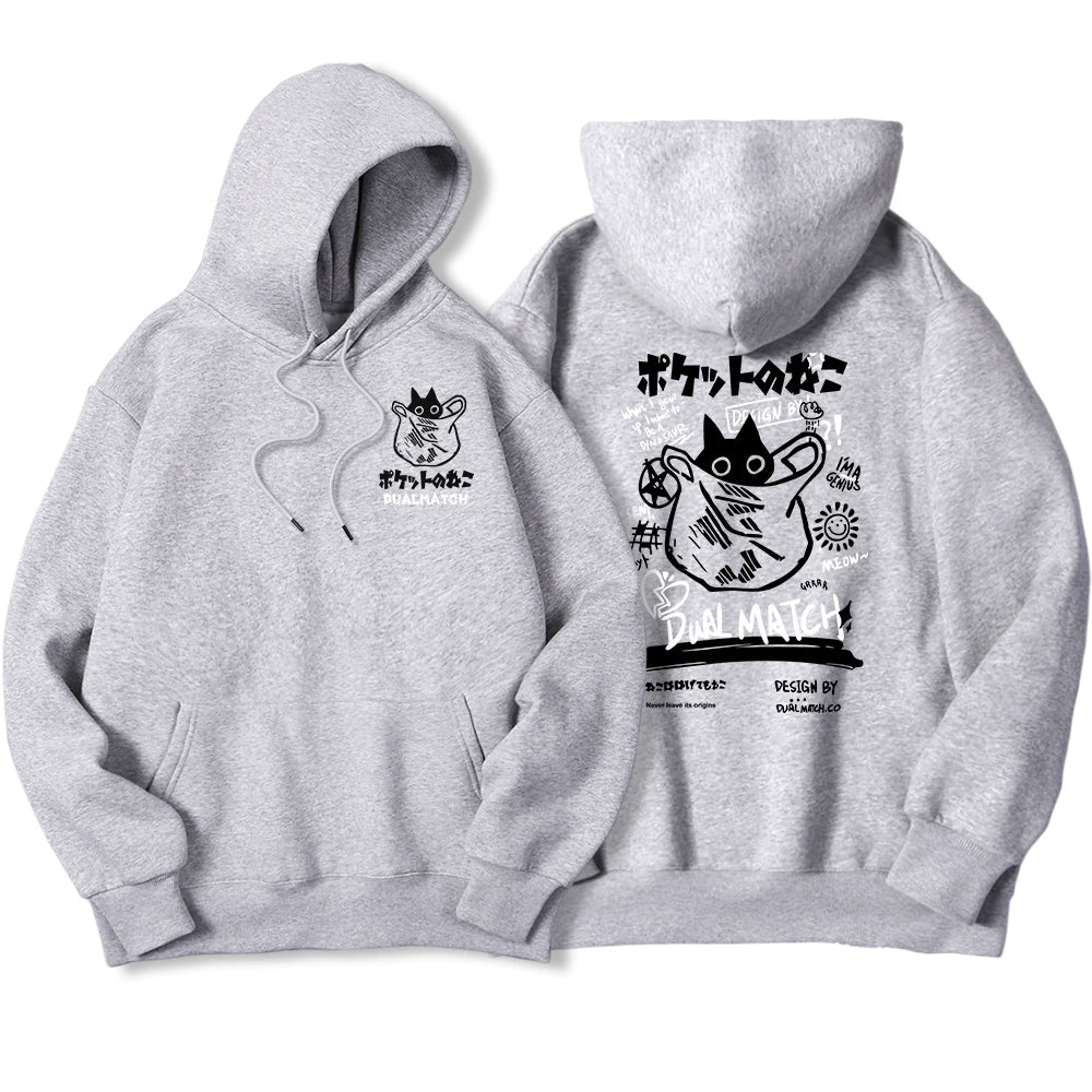 Harajuku Kawaii Cat Couple Y2K Prints Hoodies Men'S Warm Fleece Hoodie Hip Hop Crewneck Hoody Autumn Simple Oversize Top Female