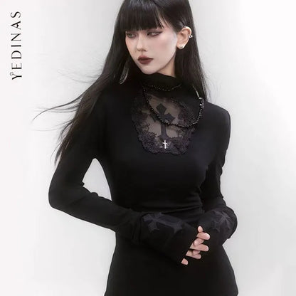 Yedinas Black Gothic Cross Graphic T Shirts 2000s Clothes Y2k Long Sleeve Spring Autumn Tops Tees Female Clothing Women T-shirt