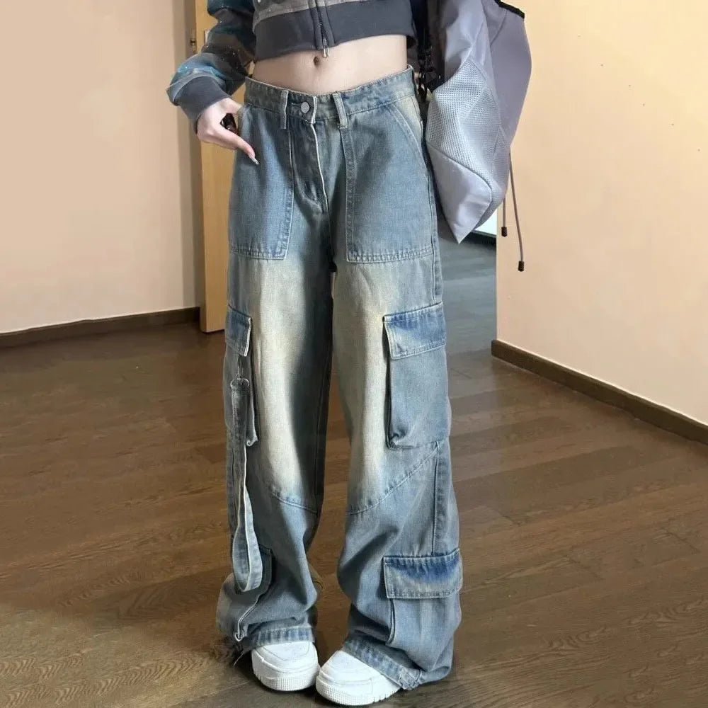 Trendy High Street Cargo Pants Women Multi-pocket 2024 Autumn Washed Y2k Baggy Jeans Women High Waist Wide-leg Denim Trousers