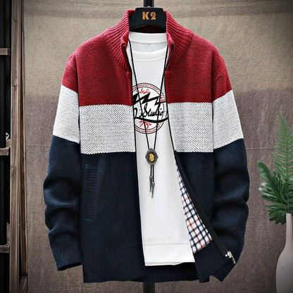 2025 Winter Men Sweater Add Velvet Cardigan Patchwork Color Stand Collar Male Casual Zipper Knitted Thick Warm Sweatercoat