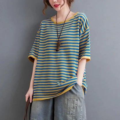 Cotton Stripe T-shirts Women Casual Loose Short Sleeve Slim Tops Summer Trend Thin Oversized T Shirt Korean Style Tshirt Y2k Top