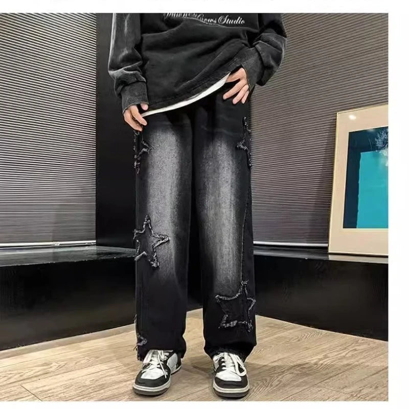 2024 New Fashion Stars Towel Embroidery Brown Men Jeans Pants Y2K Clothes Straight Hip Hop Cotton Trousers Pantalon Homme