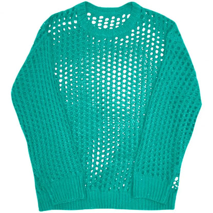 Mesh Fishnet Men Hollow Top Solid Color Round Neck Loose Long Sleeve Men T-shirt Hip Hop See-through Elastic Pullover Party Top