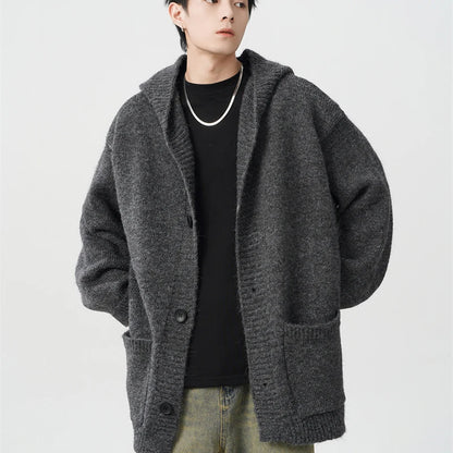 Winter Gray Woollen Knitted Cardigan Hooded Sweater Men's Pockets College Fashion Knitwear Jacket Y2K Vintage Jumpers Hombre