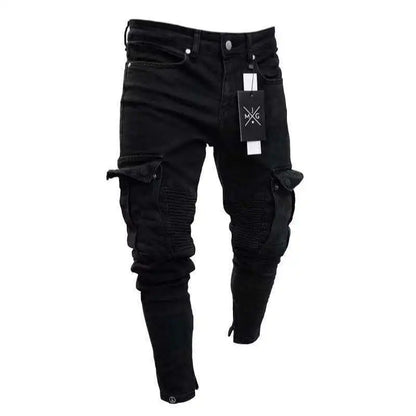 Jeans Men Pants Wash Solid Color Multi Pockets Denim Mid Waist Cargo Jeans Plus Size Fahsion Casual Trousers Male Daily Wear