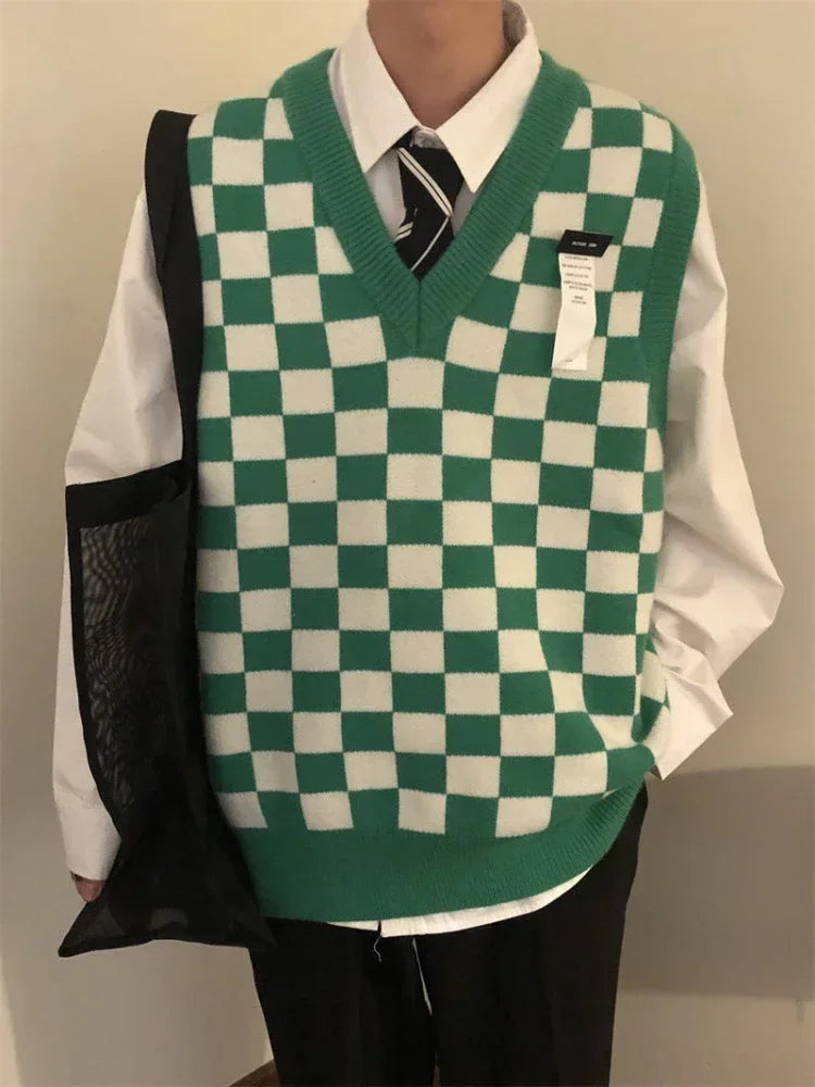 Knit Sweater Male Sleeveless Vest Plaid Icon Men's Clothing Green Waistcoat Neck Sweat-shirt Wool X Large Big Size 2024 Trend T