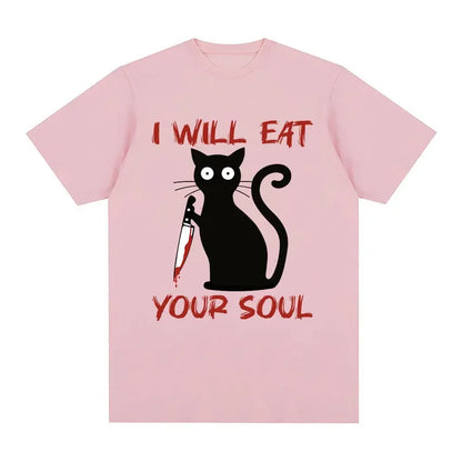 I Will Eat Your Soul Black Cat Horror Blood with Knife Funny Meme T Shirt Men Women Retro Harajuku Oversized Cotton Tshirts Tops