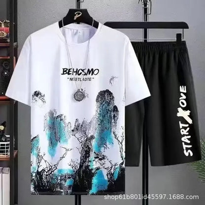 Tshirt Casual Ice Silk Gradient Short Men Sleeve T-shirt Shorts Set Men's Summer Sporty Two-piece Outfit Stylish Male Clothing