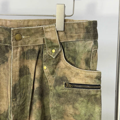 PFNW American Pleated Camouflage Straight Cargo Pants For Men Niche Vintage Loose Wide Leg Pants High Street Trousers 12C1807