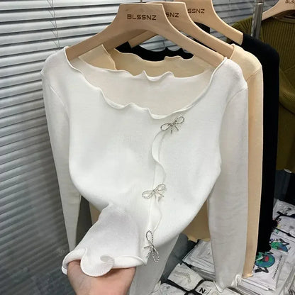 2024 New Autumn Winter Korean Sweet Long Sleeve Sweaters Top Ruffles Design Bows Decoration Women Clothing Pullovers