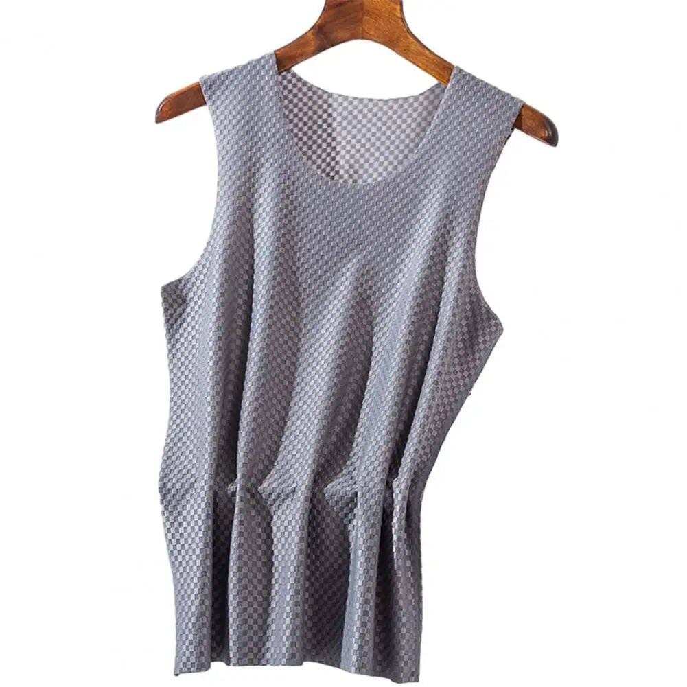 V-neck Sleeveless Men Vest Grid Texture Thin Elastic Solid Color Ice Silk Seamless Fitness Gym Workout Undershirt Sportwear