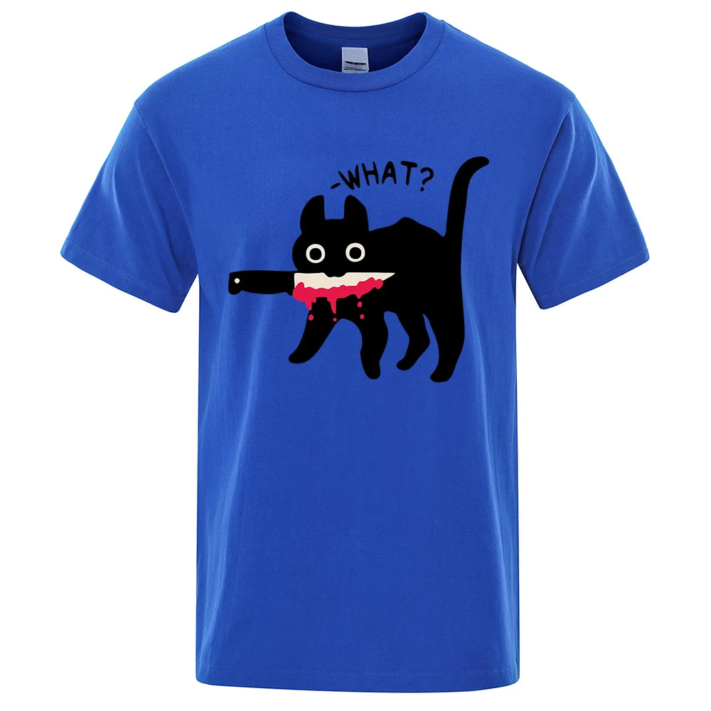 The Killer Cat With A Knife In Its Mouth Tshirts Men Women Summer Cotton Half Sleeve Oversized Loose Cotton Street Tee Shirt