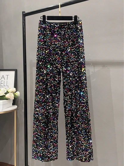 2024 Spring Street Style New Suede Sequin High Waist Straight Pants Slim Pants Women's Sparkling Wide Leg Pants