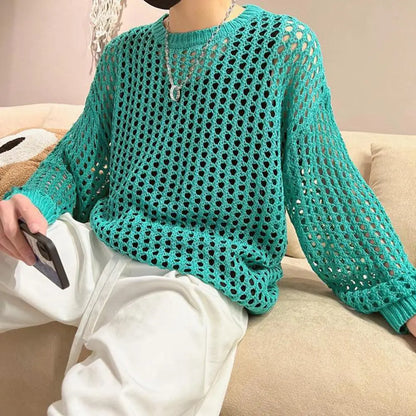 Mesh Fishnet Men Hollow Top Solid Color Round Neck Loose Long Sleeve Men T-shirt Hip Hop See-through Elastic Pullover Party Top