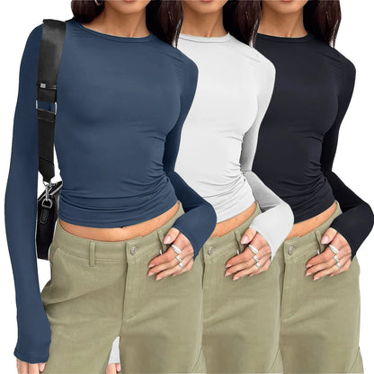 3 Piece Set Basic T Shirts Women Long Sleeve Shirts Tops Slim Fit Summer New Fashion Crop Tops Bottom Shirts Streetwear Tops