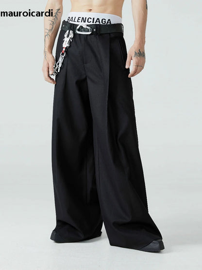 Mauroicardi Spring Autumn Long Loose Casual Baggy Flowy Soft Black Pleated Wide Leg Pants Men Luxury Designer Emo Clothing 2024