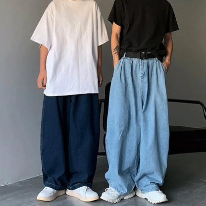 Men Jeans	Mid-rise Elastic Waistband Men Jeans Pockets Solid Color Men Baggy Jeans Wide Leg Denim Men Pants Streetwear