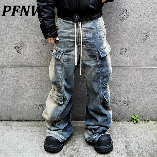 PFNW High Street Washed Vintage Gradient Multi Pocket Jeans Men's Streetwear New Drawstring Wide Leg Pants Spring Trendy 28W4702