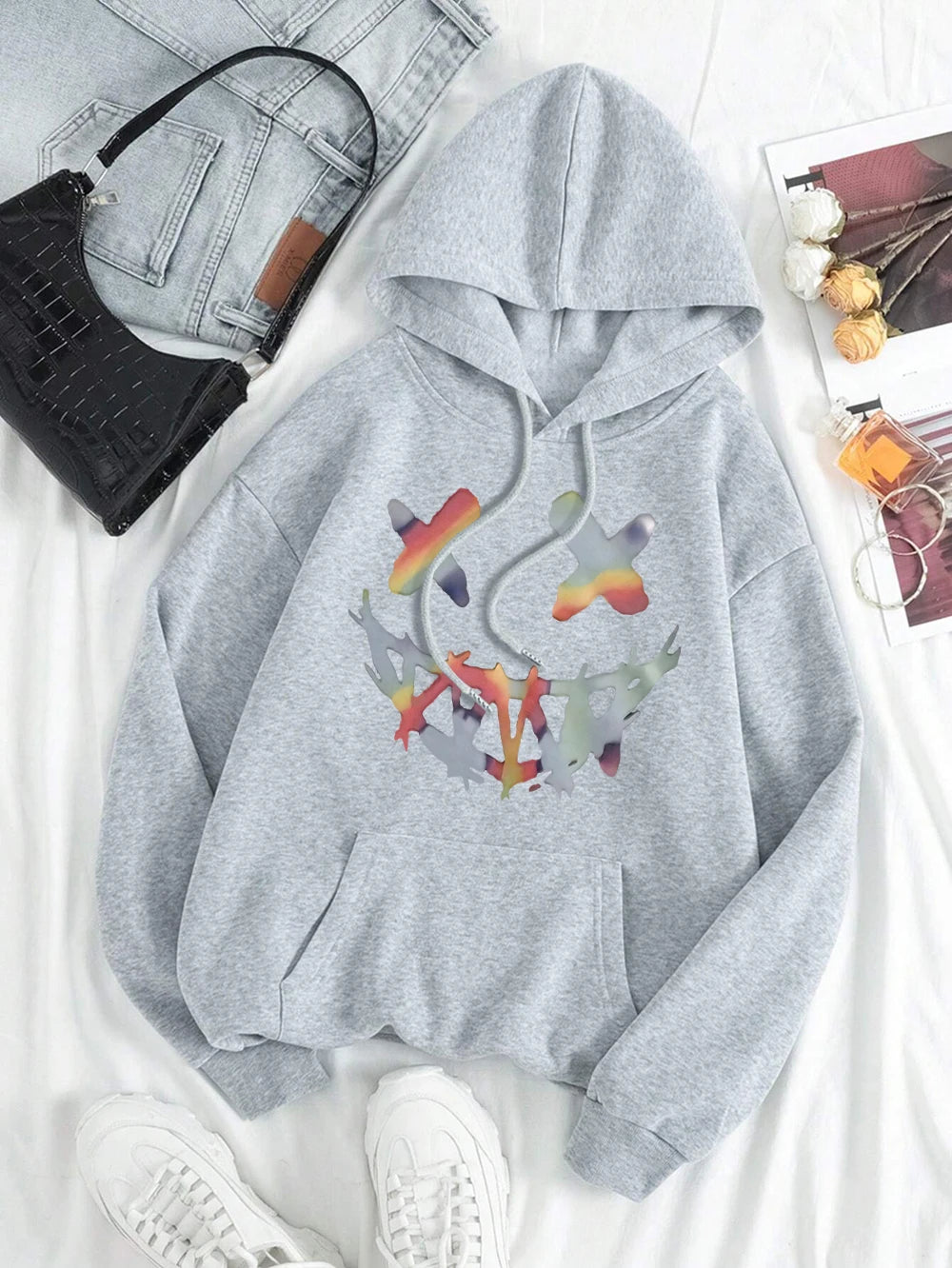 Street Rainbow Ghost Face Smile Men Hoody Harajuku Loose Sweatshirt Fashion Fleece Warm Hoodie Vintage Autumn Crewneck Hooded