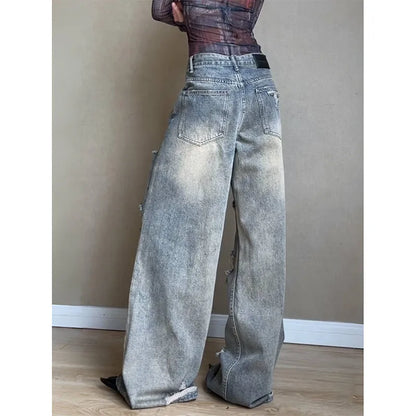 Womens Jeans High Waist Vintage Straight Y2K Summer Denim Pants Streetwear American Style Ripped Wide Leg Baggy Denim Trouser