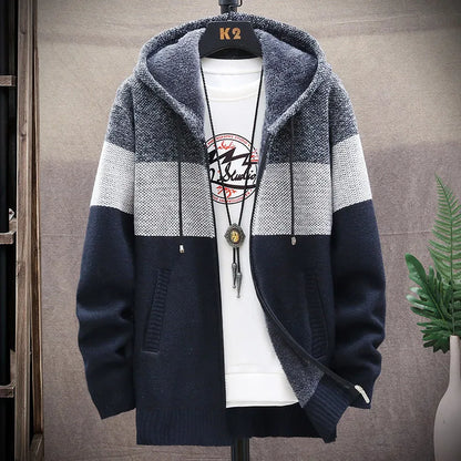 2025 Winter Men Sweater Add Velvet Cardigan Patchwork Color Stand Collar Male Casual Zipper Knitted Thick Warm Sweatercoat