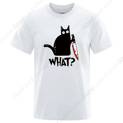 WHAT? Knife Cat Print Men's Women T-Shirt anime graphics Oversized TShirts Casual Loose Casual Male Tees Tops Clothing