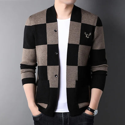 Men's New Autumn Single-row Button Long Sleeve Knitted Cardigan Youth Korean Plaid Trend Men's Sweater Coat