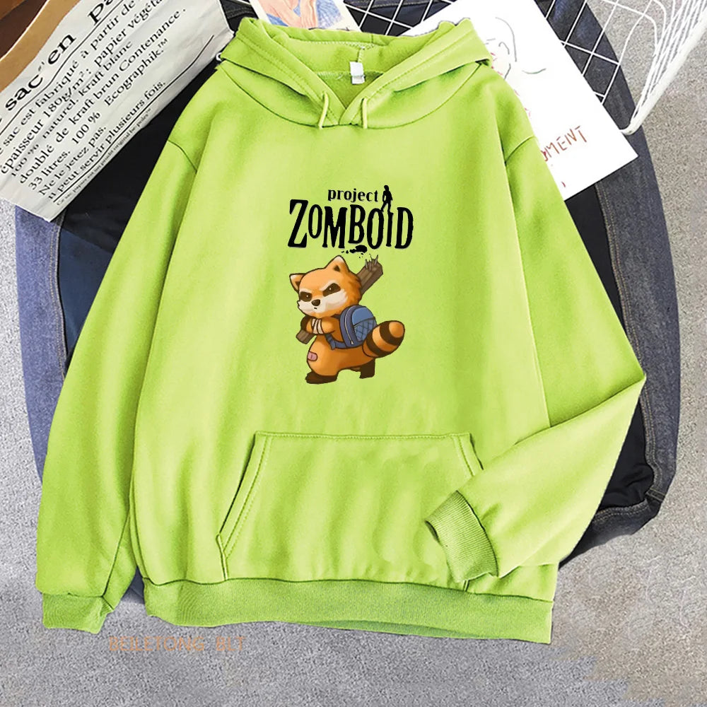 Game Project Zomboid Spiffo Raccoon Hoodies Long Sleeve Women/Men Winter Sweatshirts Kawaii Cartoon Graphic Printing Hoody Cute