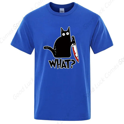 WHAT? Knife Cat Print Men's Women T-Shirt anime graphics Oversized TShirts Casual Loose Casual Male Tees Tops Clothing